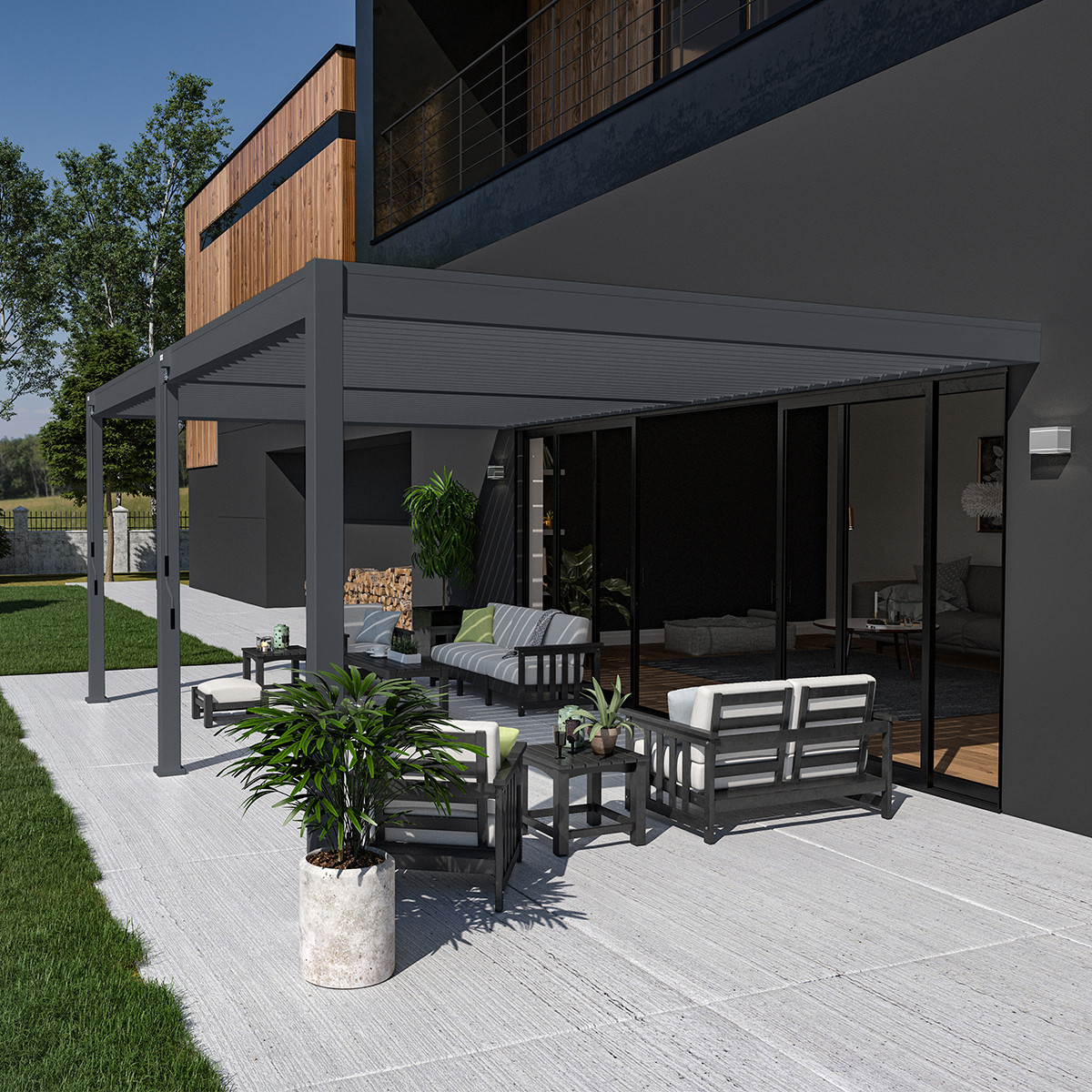 Pérgola Bioclimática en Aluminio GRANDLUX Adosada Standard Blanca o Gris  Antracita